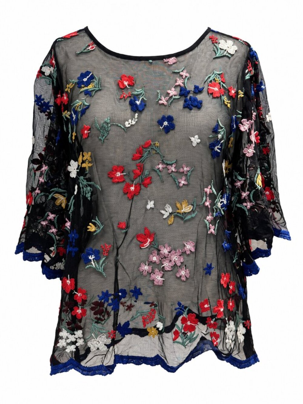 Maeve Embroidered Floral Sheer Black Top Size S